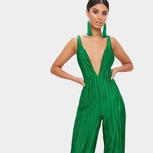 Green Plisse Plunge Strappy Jumpsuit
